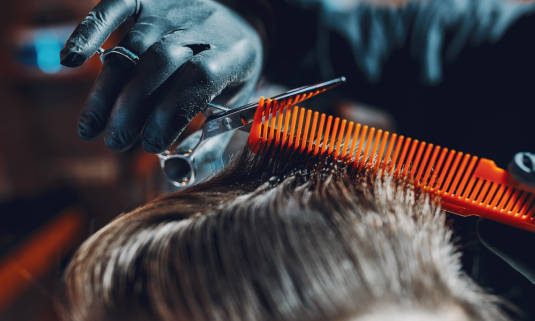 A person cutting hair with scissors and comb.